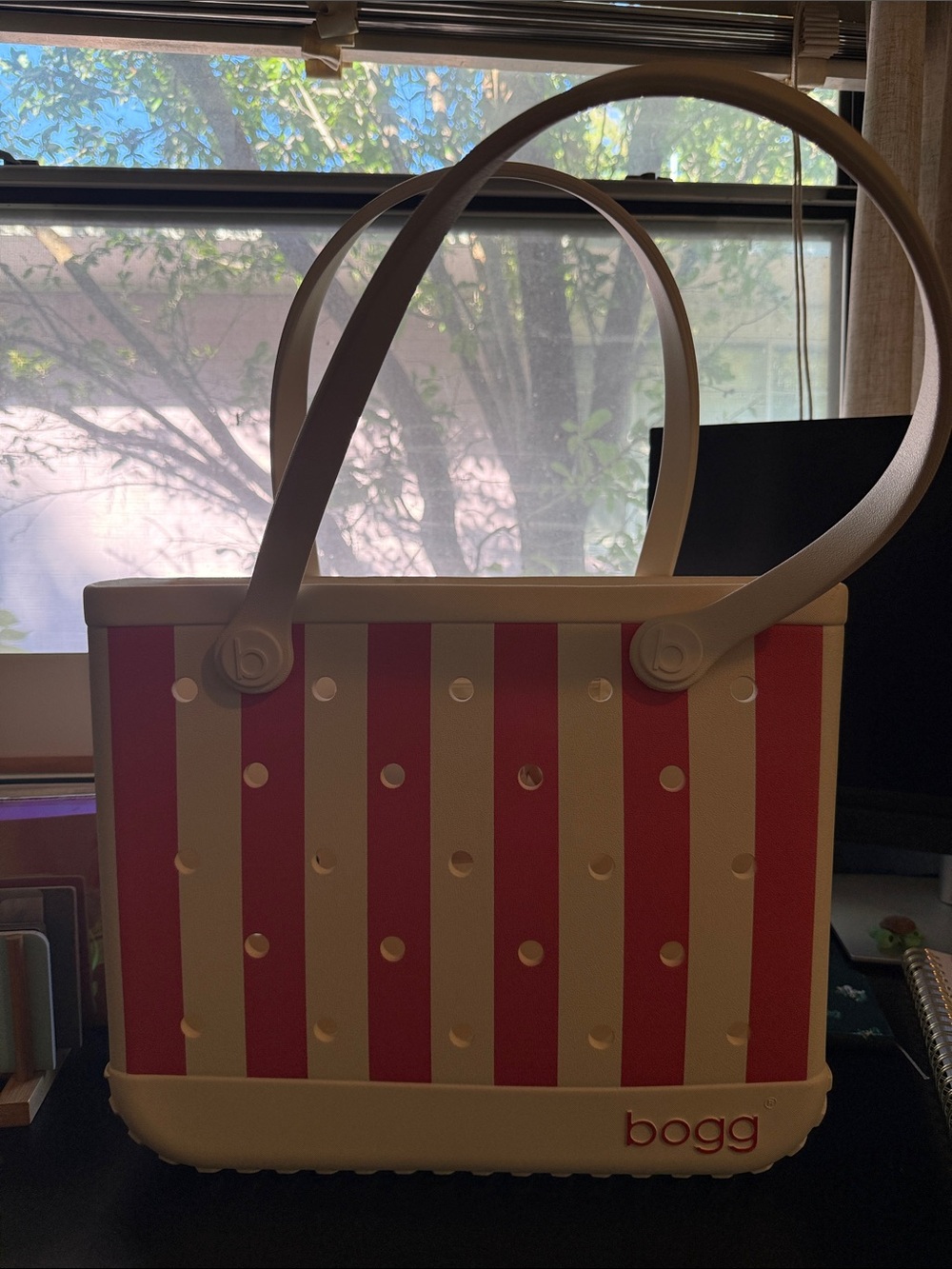 BOGG BAG Pink and Cream Striped Tote with Dual Handles